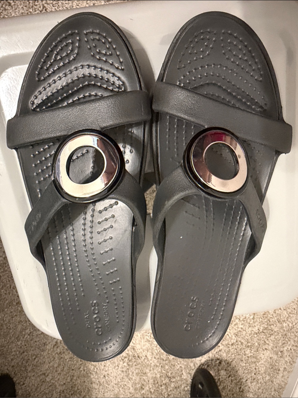 CROCS Women's Charcoal Slide Sandals with Silver Ring Accent